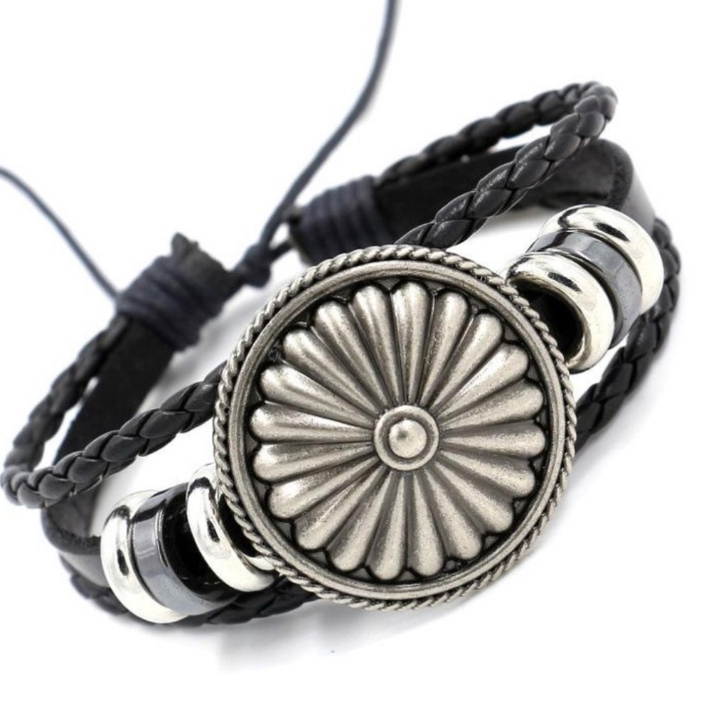 Silver Floral Bloom Beaded Braided Black Genuine Leather Pull String Bracelet! - Picture 2 of 3